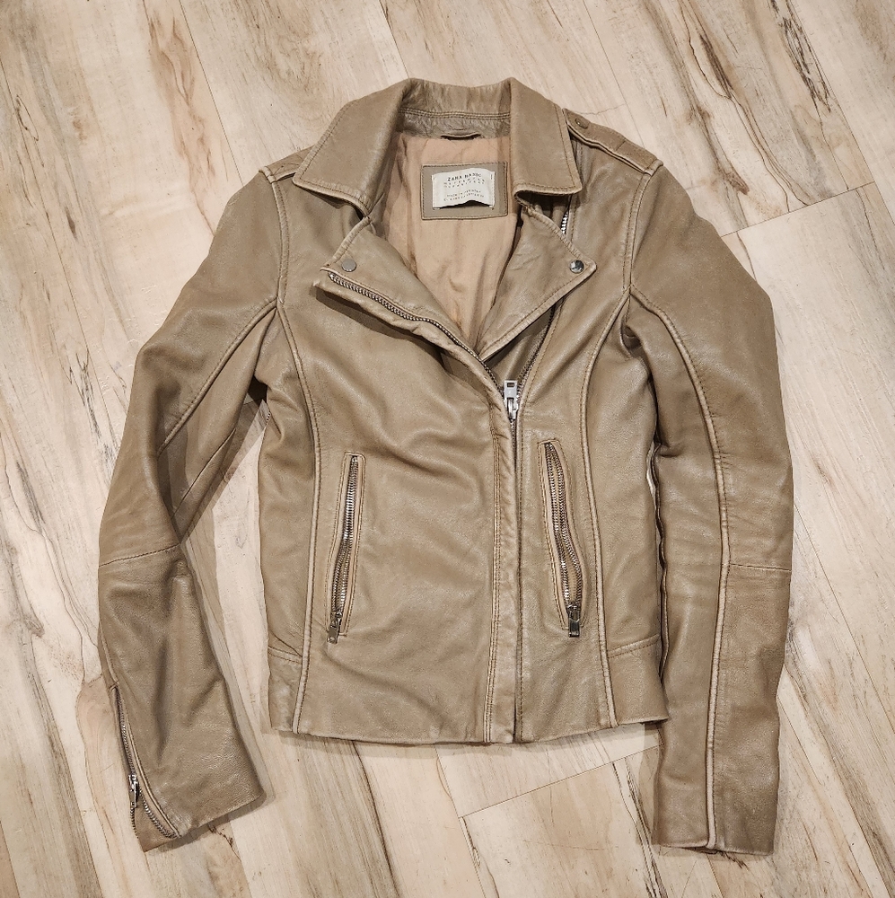 ZARA Distressed Tan Faux Leather Motorcycle Jacket XS